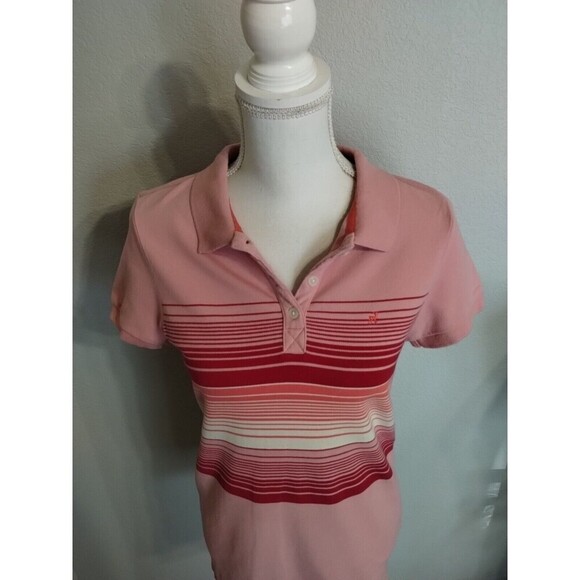 Old Navy Top Size Large Pink White Stripes Polo 3 button Old School Logo - Picture 2 of 11